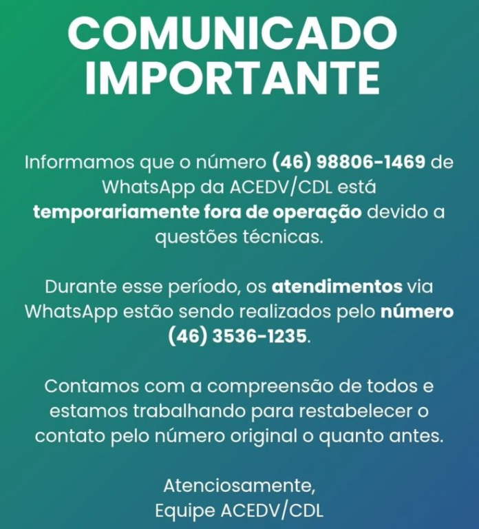 ATENÇÃO: WhatsApp 98806-1469 está temporariamente fora de operação
