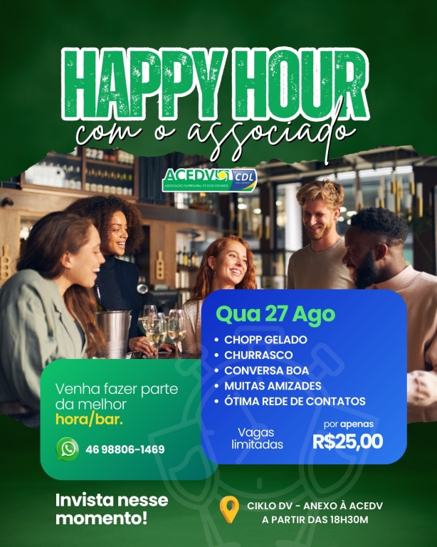 ACEDV/CDL terá o primeiro Happy Hour com o Associado nesta quarta